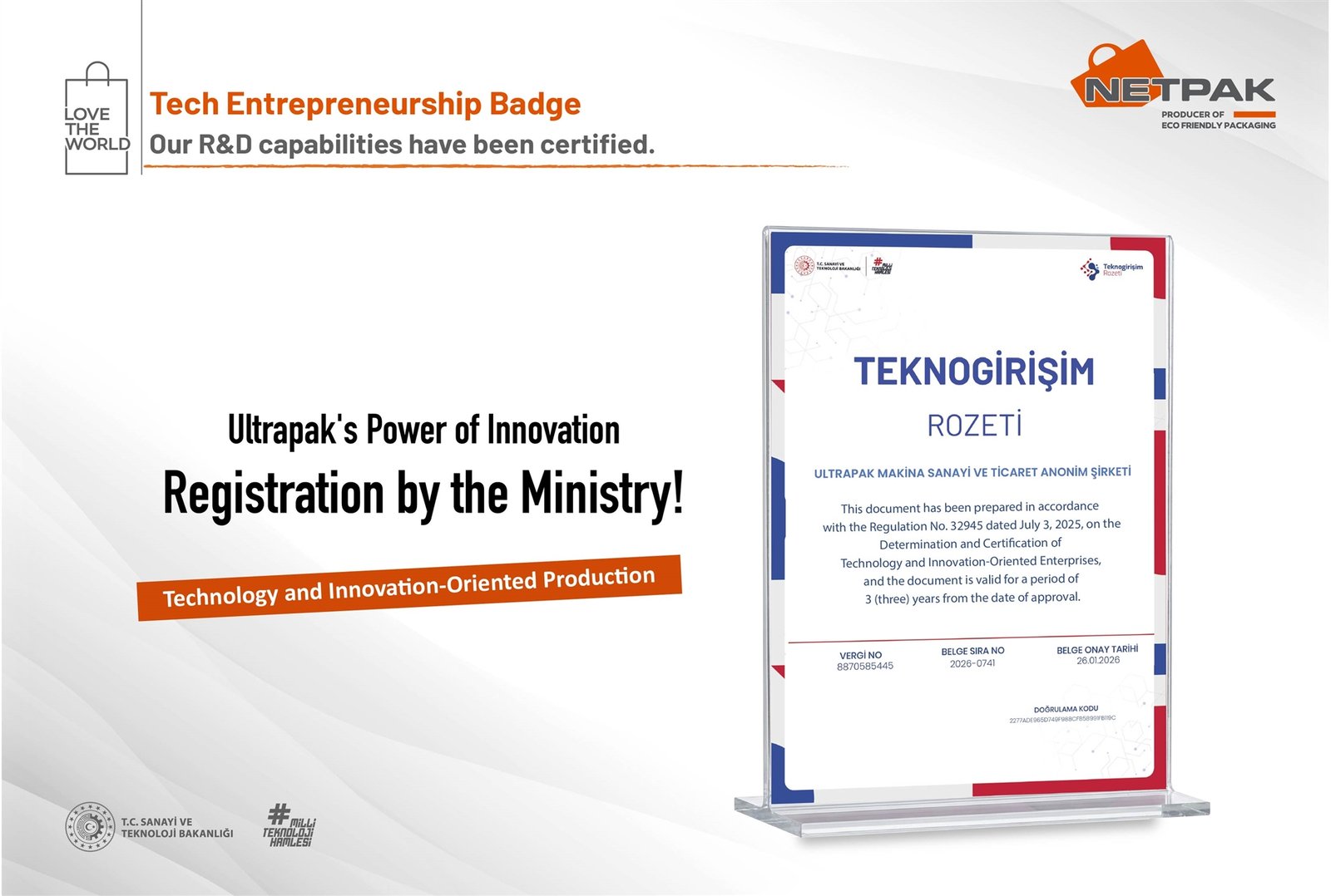 Ministry Certification for Ultrapak’s Innovation Power!