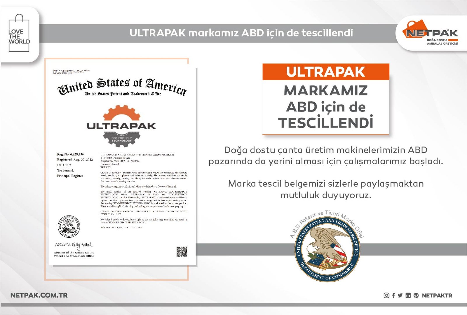 ULTRAPAK Markamız ABD İçin De Tescillendi